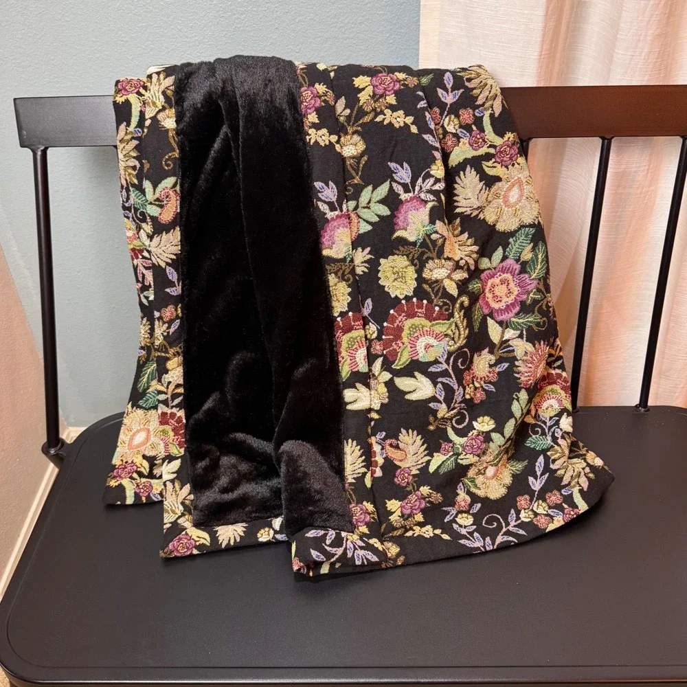 Johnny Was Throw Blanket Unisex OS Black Floral Tapestry Faux Fur H10225 Boho